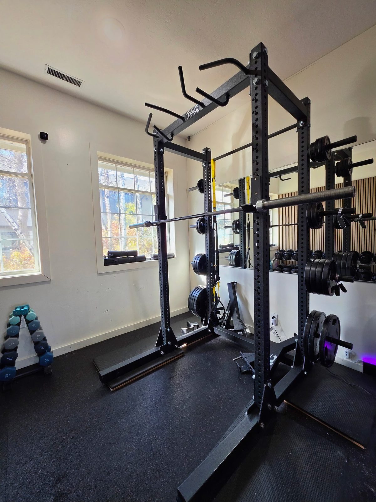 Power rack with plates, barbell and a dumbbell tree