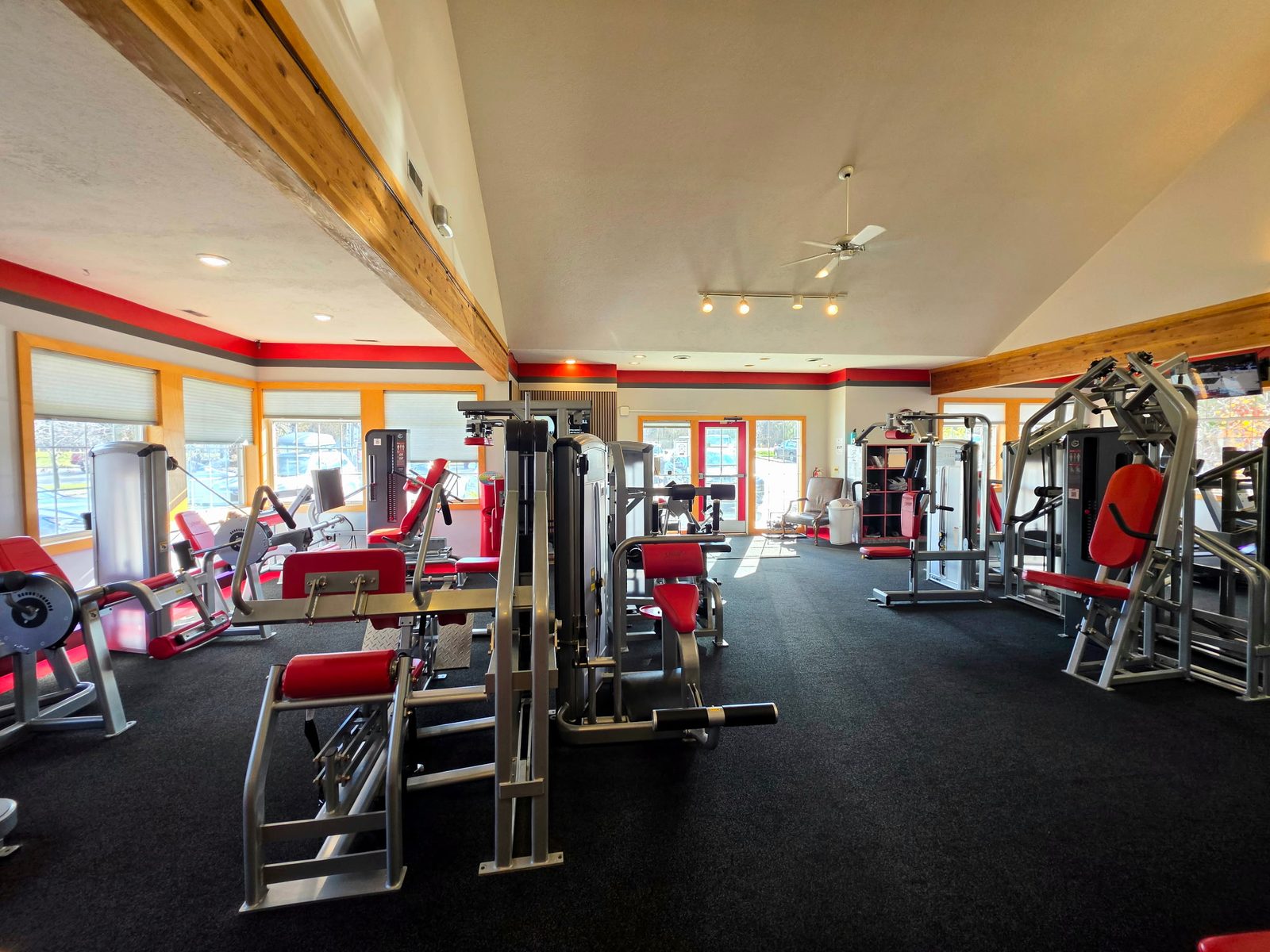 Strength machines and natural light on the gym floor
