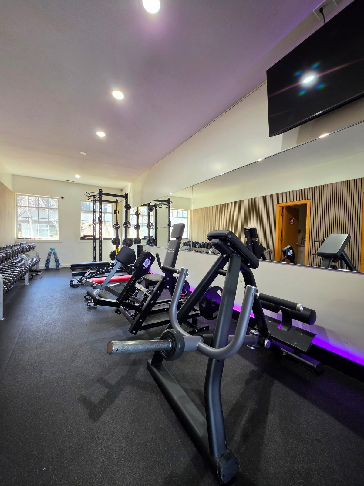 Free weights area with benches and a wall of mirrors